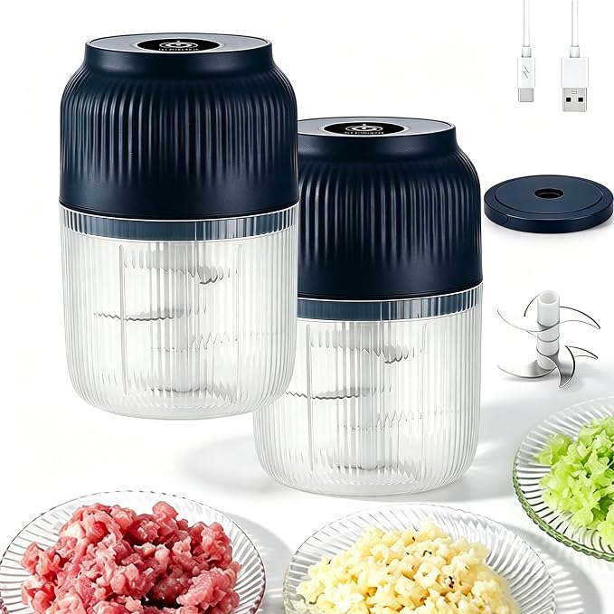Household Electric Garlic Crusher, 6 Blades Portable Electric Garlic Chopper Mini with Lid & Egg Beater, Cordless Mini Chopper Food Processor for Efficient Chopping of Meat (2pc Blue)
