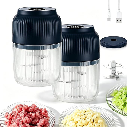 Household Electric Garlic Crusher, 6 Blades Portable Electric Garlic Chopper Mini with Lid & Egg Beater, Cordless Mini Chopper Food Processor for Efficient Chopping of Meat (2pc Blue)