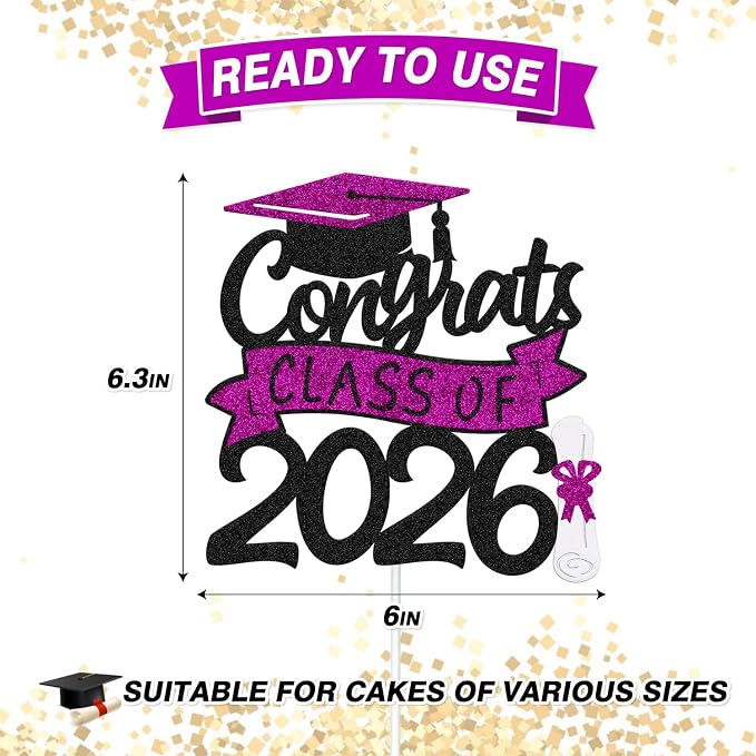 Congrats Class of 2026 Cake Topper Congrats Grad Cap Diploma Theme for High School Happy Graduation Party Supplies College Graduate Decoration (Purple)