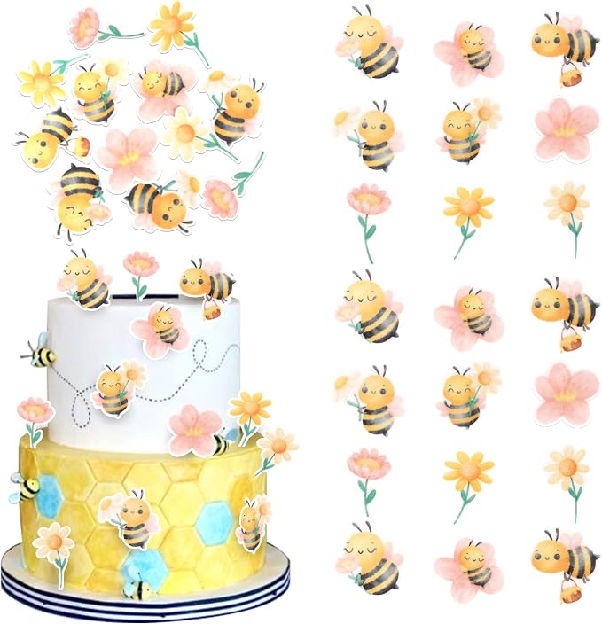 63 PCS Edible Bumble Bee Cupcake Toppers Wafer Paper Oh Babee Honey Bee Cupcake Picks Edible Sunflower Cupcake Decorations for Gender Reveal Baby Shower Kids Birthday Party Cake Decorations Supplies