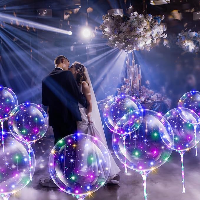 Libima 100 Pcs Light up LED Balloons Bulk 20 Inches Clear Flashing Glow in The Dark Balloon with Handles and String Lights for Easter Holiday Wedding Birthday Party Yard Outdoor Decoration (Colorful)