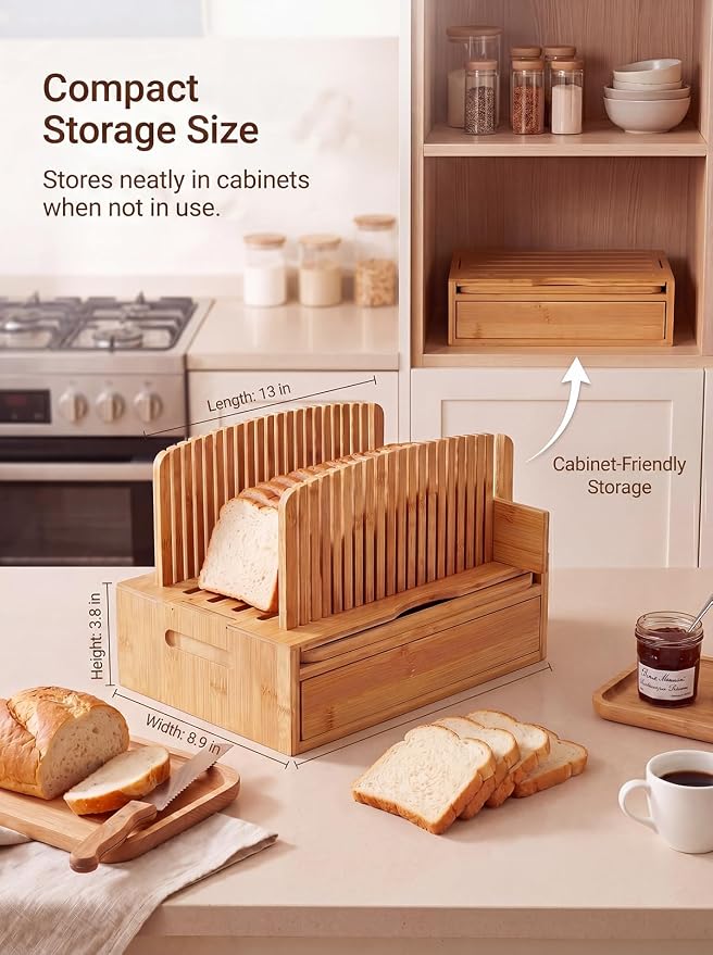 Natural Bamboo Bread Slicer, Bread Slicer Guide for Homemade Bread, Foldable Space-Saving Loaf Guide with Crumb Tray, Adjustable Thickness for Even Slices, Sturdy Cutter for Sourdough and Toast