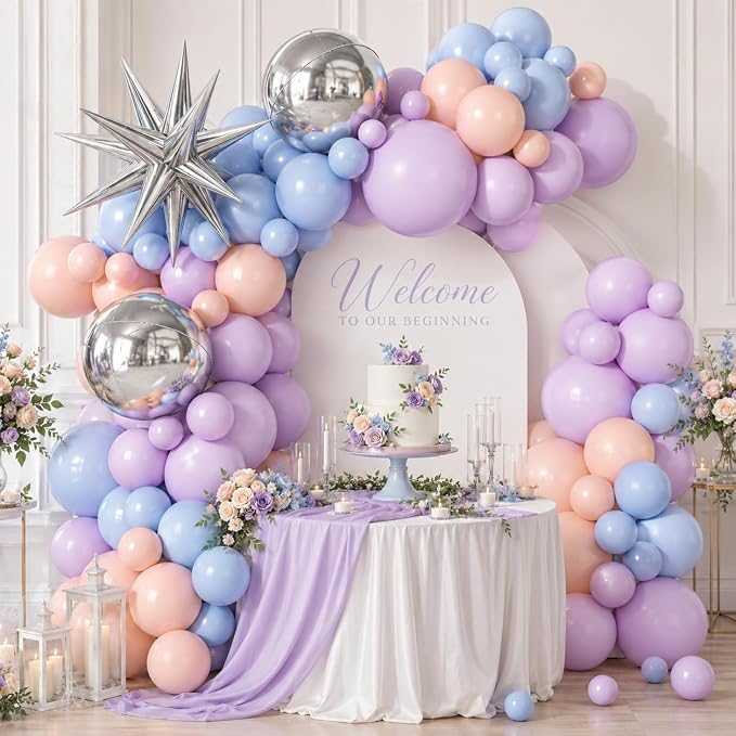 Pastel Balloon Arch Garland Kit with Macaron Blue Purple Orange Balloons Silver Star Foil Balloon for Birthday Baby Shower Wedding Party Decorations