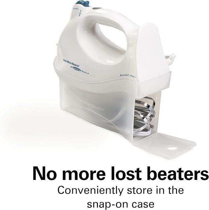 Hamilton Beach Power Deluxe 6-Speed Electric Hand Mixer with Snap-On Storage Case, QuickBurst, Beaters, Whisk, Powerful 250 Watt Motor, Bowl Rest, White (62695V)