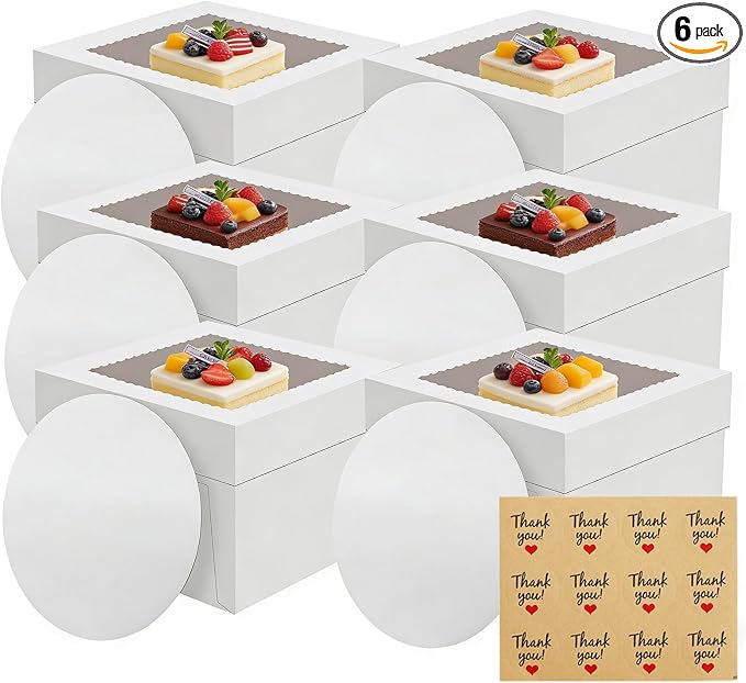 6 Pack Cake Boxes, 12x12x8 Inches Tall Cake Box with Cake Boards, White Bakery Boxes with Large Window, Disposable Cakes Transport Containers with Lids, for Cookies, Pies, Wedding, Birthday