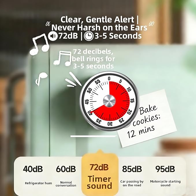 Mechanical Kitchen Timer, 60 Minute Wind Up Magnetic Visual Cooking Timer with Loud Alarm, Stainless Steel No Batteries Countdown Timer for Classroom, Office, Teacher (White Timer with Bracket)