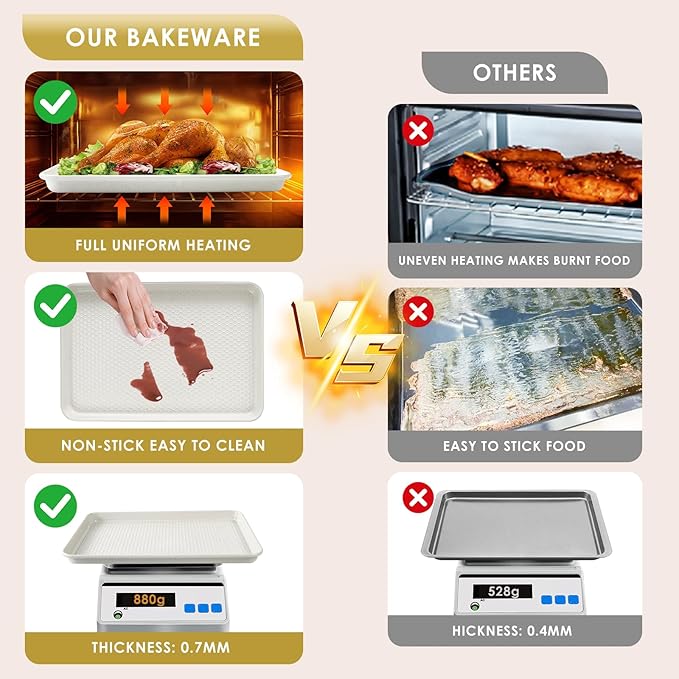 Baking Sheet Pan Set of 3, Nonstick Carbon Steel Cookie Sheets with Texture | Commercial Half/Quarter/Jelly Roll Pans Replacement Toaster Oven Tray, Heavy Duty & Easy Clean, White