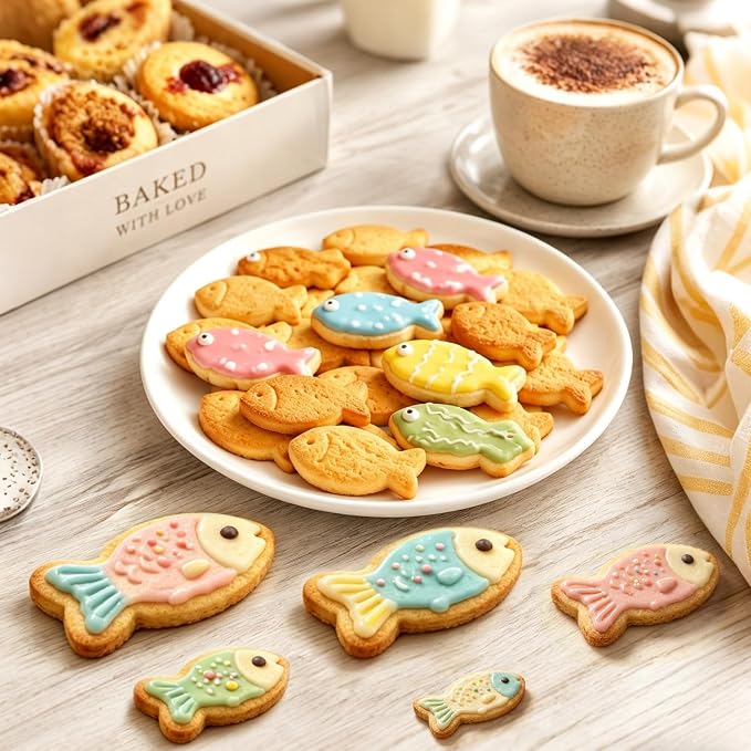 AIERSA Fish Cookie Cutters Set of 5, Food Grade Stainless Steel Fish Shaped Cookie Cutter with Storage Box, Dishwasher Safe Sandwich Cutters & Biscuit Molds for Kids