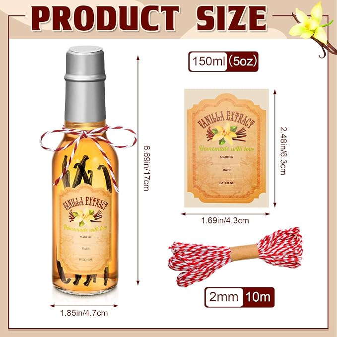Tioncy 16 Pcs Empty Vanilla Extract Bottles for Homemade Vanilla Jar Glass Bottle with Cap, Shrink Band, Sticker DIY Crafts Wedding Gift Food Storage Canister for Bean(Silver,5 oz)