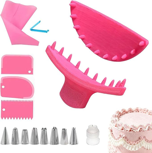 Cake Arch Guide Tool & Piping Guide Stencil, 16 Pcs Cake Decorating Tools with Frosting Scrapers and Piping Bag Set, Cake Ruffle Marker for 6"-10" Cakes (Pink)