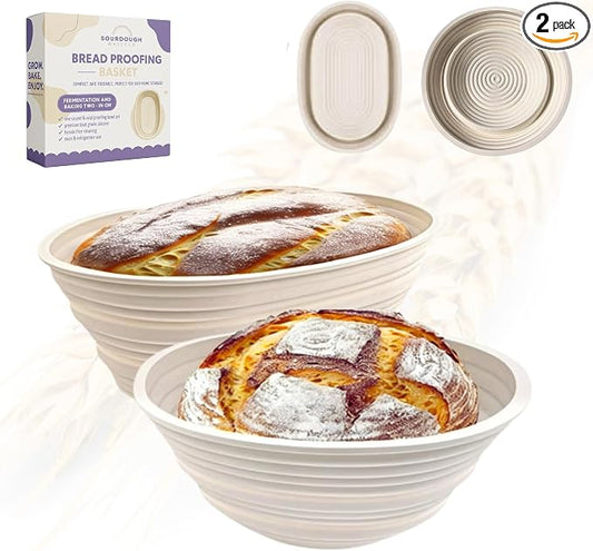 Premium Foldable Silicone Sourdough Banneton Bread Proofing Basket - Includes Oval & Round proofing Bowls (9.5 Inch) - Oven & Dishwasher Safe, Gifts for Artisan Bakers - Beige