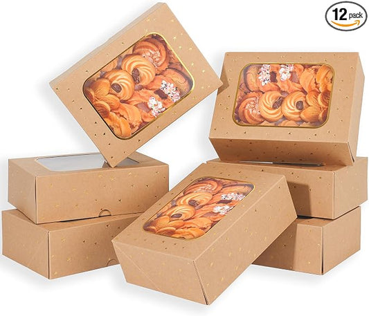 YEKTFS 12pcs Gold Star Cookie Boxes, Brown Bakery Boxes with Window 8.25x6x2.75in Gold Foil Star Treat Cake Boxes for Gift Giving Pastry Dessert Cupcakes Candy Donut Packaging (KRAFT PAPER, 12)