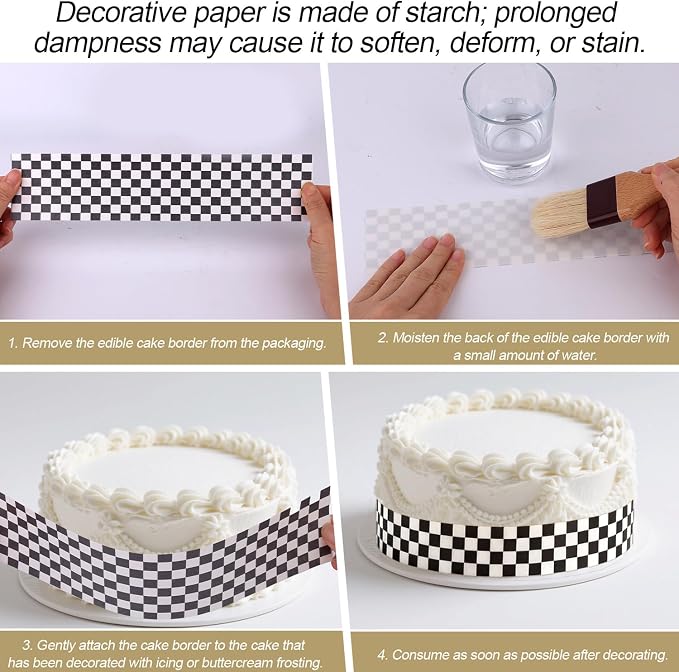 3pcs Edible Cake Borders, 28x6.2cm/11x2.44 Inch Black and White Checkered Birthday Cake Wrap Border Strips Pre-Cut Rice Image Paper Cakes Toppers Decorations for Racing Car Theme Birthday Party