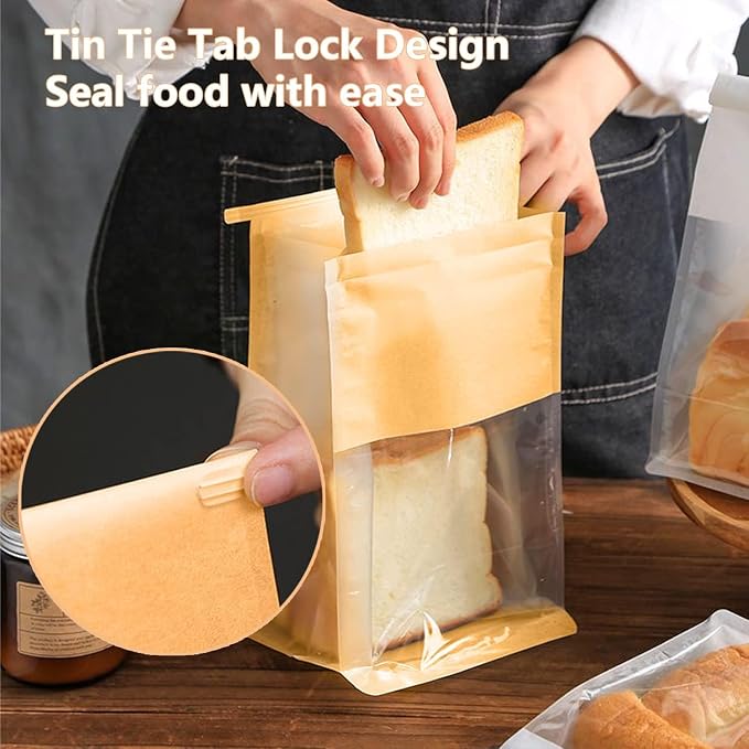 100PCS Bread Bags for Homemade Breads, 11x5.1x3.9 Inch Resealable Cookie Bags with Tin Tie Tab Lock, Paper Bakery Bag with Window for Packaging Bagels, Muffin, Scone, Brownie, Baked Goods Storage