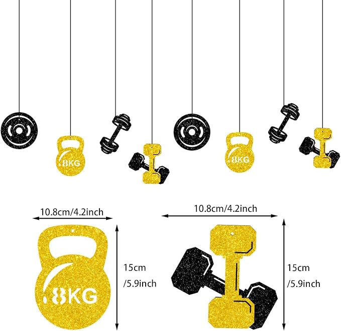 Zwiebeco Black Gold Gym Happy Birthday Banner Bunting Hanging Paper Ornament Garland Party Decorations for Fitness Dumbbells Kettlebells Weightlifting Themed Boys Mens Bday Decor Accessories Supplies