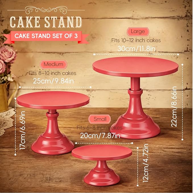 Three-piece Cake Stand Set, Metal Round Trays, 8-inch, 10-inch, and 12-inch, for Dessert Table displays; Perfect for Christmas, Thanksgiving, Birthdays, Weddings, and Other Celebrations(Red)
