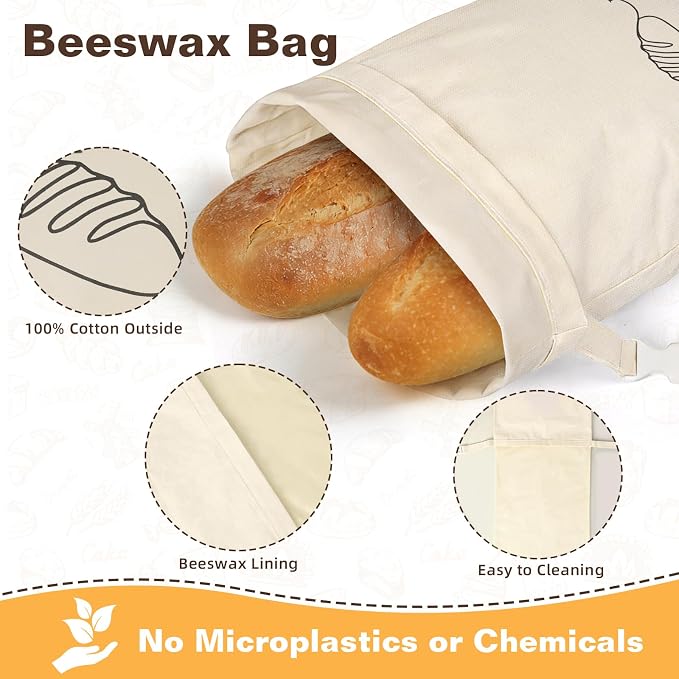 2 Pack Beeswax Bread Bags for Sourdough Homemade Bread, XL Reusable Bread Storage Bag, Organic Waxed Line and Linen Fabric Bread Bag for Home Bakers, Picnics Work or Gift-Giving