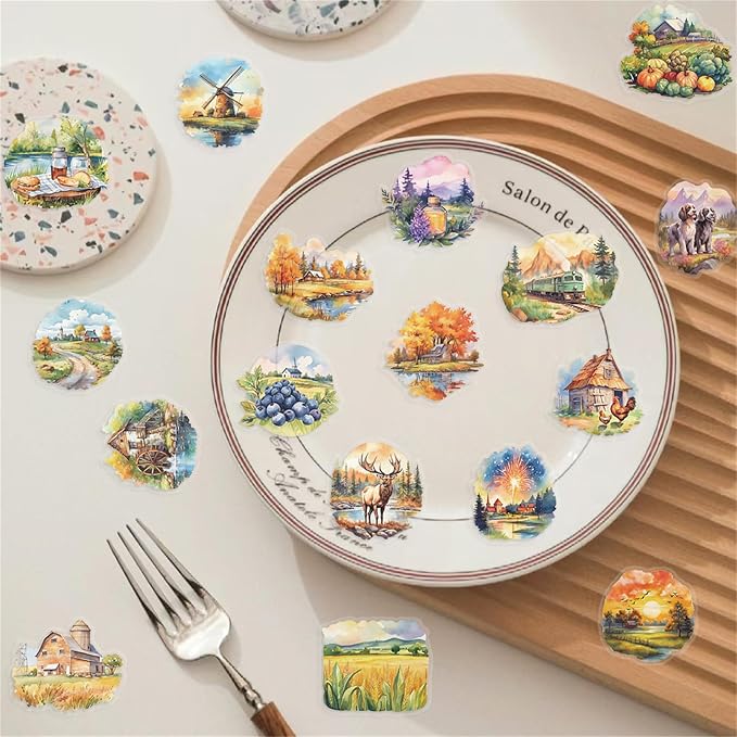 50 Pcs Pastoral Countryside Scrapbook Stickers, Colourful-B4 | Waterproof, Transparent, Vintage Farmhouse Decals, Rustic Nature & Farm Animals & Scenic Landscapes