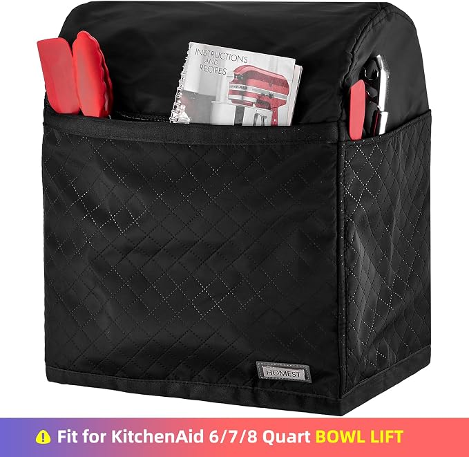 HOMEST Stand Quilted Mixer Cover with Zip Pocket for Kitchen Accessories | Fits KitchenAid 6/7/8 quart mixers, zipper pocket stores attachments and kitchen accessories, Black