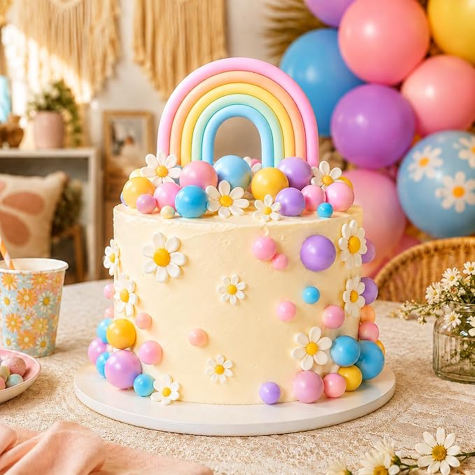 Boho Cake Topper, Qoadwem 26pcs Rainbow Cake Topper For Hippie Themed Daisy Flowrs Blue Dog Cake Toppers Pastel Ball Cake Decorations for Groovy Hippie Wedding Party Supplies