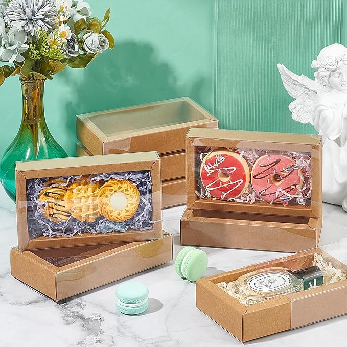 NBEADS 12 Pcs Rectangle Drawer Kraft Boxes, 6.3x3.54x1.26 Inch Gift Packaging Case Foldable Paper Drawer Boxes with Clear Plastic Cover for Party Favor Treats Candy and Jewelry Crafts, Burlywood