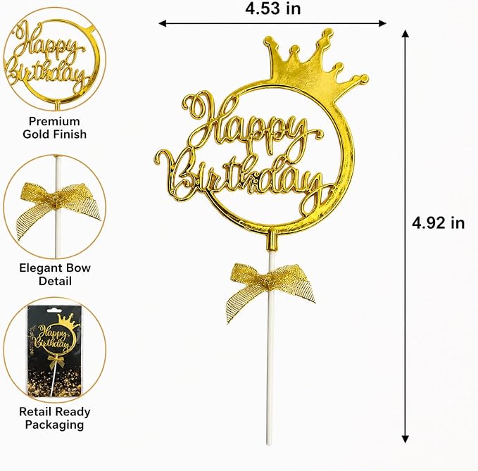 Ecanna Gold Acrylic Happy Birthday Cake Topper with Crown and Bow | Glossy gold acrylic script with crown and bow adds an elegant finishing touch to birthday cakes and celebration desserts.