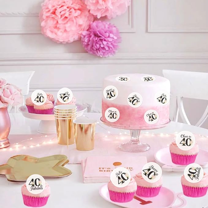 40Pcs Edible Circle Happy 40th Birthday Cupcake Toppers Edible Floral Hello 40 Fabulous Cheers to 40 Cupcake Picks Drink Toppers for Funny Female Floral 40th Birthday Party Decorations