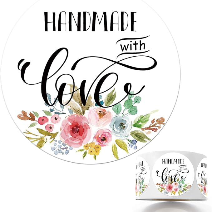 Floral Handmade Stickers, 1.4 Inch Round, 500 Labels per Roll (1 Roll), Adhesive Labels