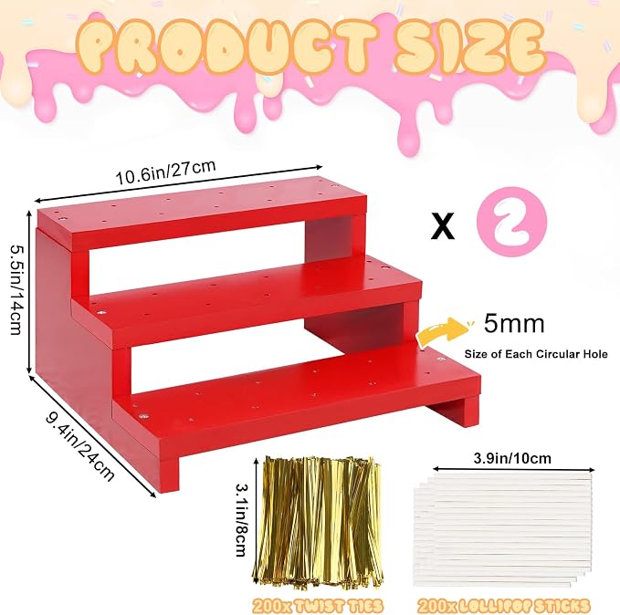 2 Pcs Cake Pop Stand, 3 Tier Wood Cake Pop Holder Display Risers with Twist Ties Lollipop Sticks, 33 Hole Lollipop Holder for Dessert Table of Wedding Birthday Party (Red-2P)