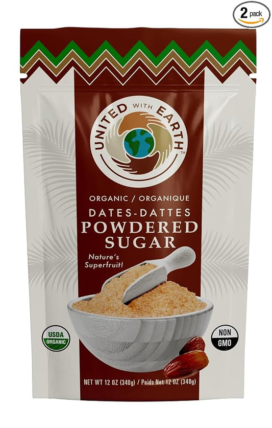United With Earth Organic Date Powdered Sugar - 12oz (2-Pack) | Non-GMO, Gluten-Free, Vegan, Paleo, Certified Organic