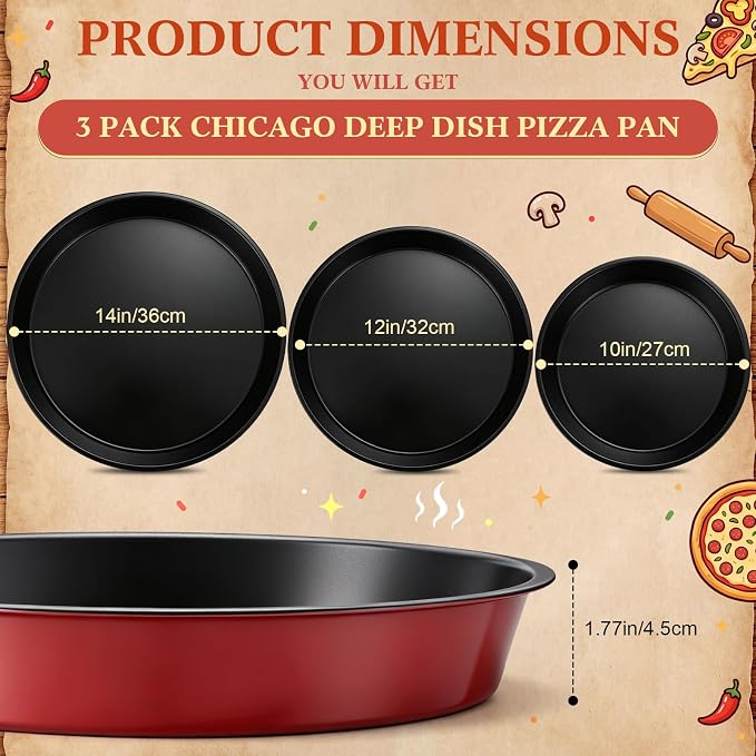 Mifoci 3 Pack Chicago Style Deep Pizza Pan, 10/12 / 14 Inch Nonstick Round Pizza Pan for Oven Carbon Steel Bakeware for Cookie Cakes, Thick Crust Pizzas Oven Safe Trays