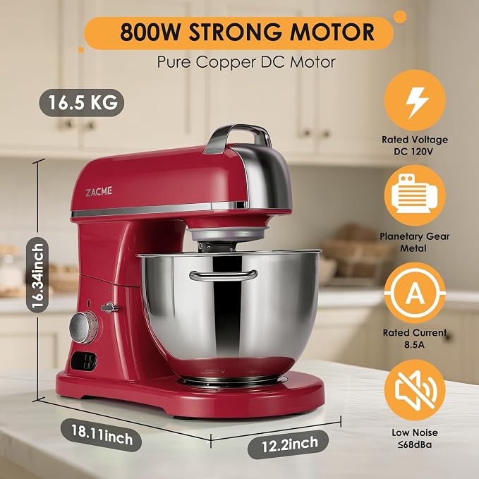 ZACME 8.4QT Commercial Stand Mixer 800W with Aluminum Die Casting Meets the Standard of NSF/ANSI 8-2023, Mixers Kitchen Electric Stand Mixer with Stainless Steel 8L Bowl, Dough Hook, Whisk and Beater