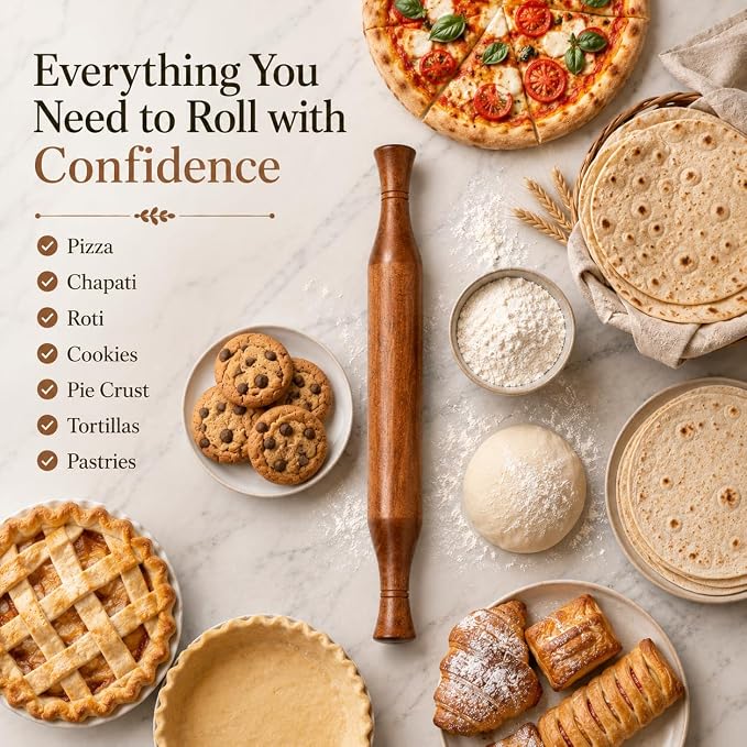 Wooden Rolling Pin With Ergonomic Handles for Baking & Pastry Kitchen Tool 14 inch, Natural Wood Dough Roller for Pizza, Pie, Cookies & Roti (Brown)