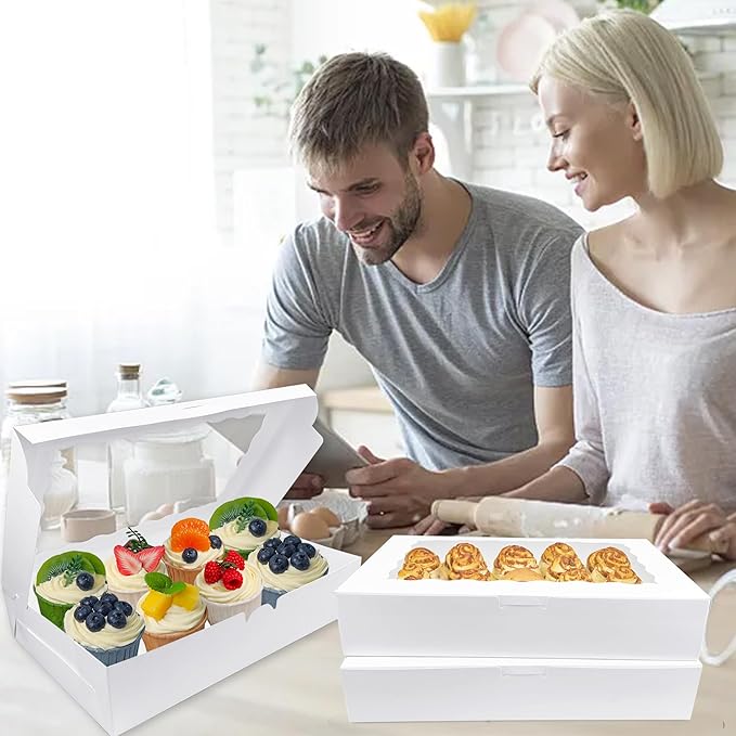 MUMULULU White Bakery Boxes with Window Cookie Boxes Treat Boxes for Desserts Cupcakes Muffins Donut Chocolate Strawberry (7PCS 12×8×2.5)