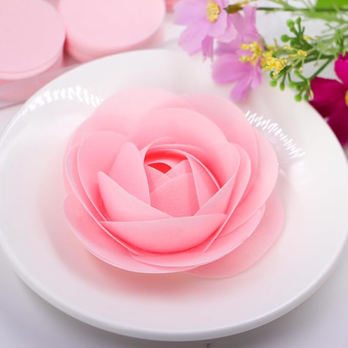 60PCS/80PCS Wafer Paper Round Pieces 3D Spherical Cake Edges Rice Paper Swan Rose Flower Round Cupcake Decoration Inserts (60, Pink, small)