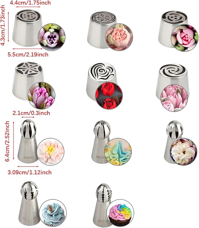 11Pcs Extra Large Russian Piping Tips Set, Stainless Steel Icing Nozzles for Buttercream Flowers 6 XXL and 5 Round Piping Tips for DIY Cookies Desserts Cake Decoration Baking Tools (11-Pack)