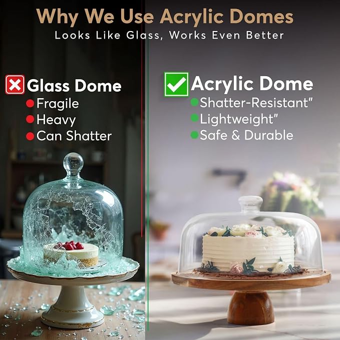 2-in-1 Acacia Wood Cake Stand with Lid, Cake Stand with Acrylic Dome Light Weight, Strudy & Well Polished, Cake Plate with Lid for Parties, Weddings, and Everyday Use, Cake Display Stand with Lid