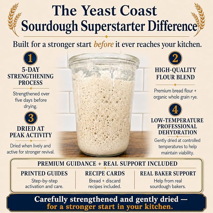 Yeast Coast Sourdough Dehydrated Starter Culture, Easy Activation | Beginner Friendly with Printed Guides and Recipe Cards