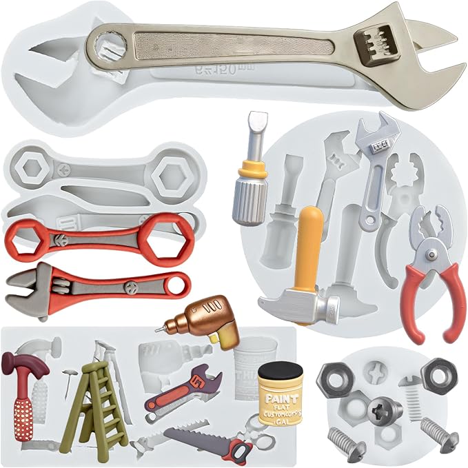 Hand Tools Silicone Mold Construction Tools Fondant Molds Wrench Screw Nut Hammer Pliers Candy Molds For DIY Cake Decoration Cupcake Topper Resin Polymer Clay Chocolate Gum Paste Set of 5