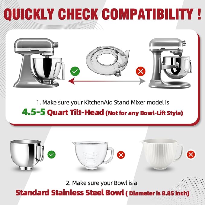 Pouring Shield for KitchenAid 4.5-5QT Tilt-Head Mixer,Only for Stainless Steel Bowl,Safety Secure Fit Splash Guard for Kitchen Aid Stand Mixer,Kitchen Aid Accessories and Attachments,Gray
