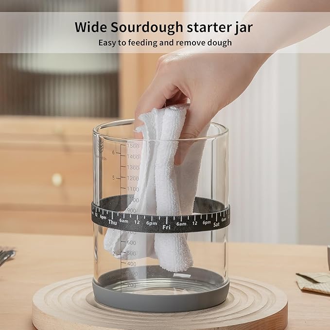Sourdough Starter Jar,50oz Wide-Mouth with Non-slip silicone rubber Bottom Sourdough Starter Kit,Date Marked Feeding Band, Thermometer, Cloth Cover & Bamboo Lid, Reusable Sourdough Bread Baking