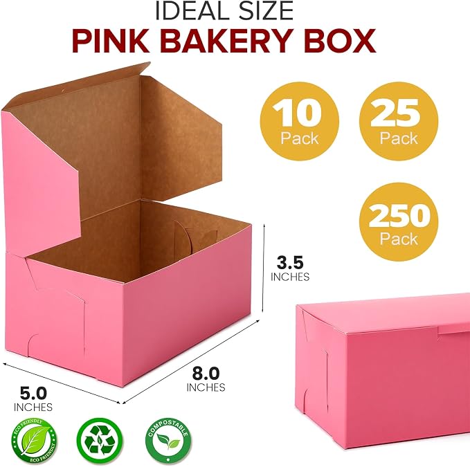 Fit Meal Prep [25 Pack] Pink Bakery Boxes 8x5x3.5 Pastry Box for Cupcakes, Desserts, Cookies, Candies - Ideal Packaging for Bakeries and Home-made Baked Favors, and Gifts