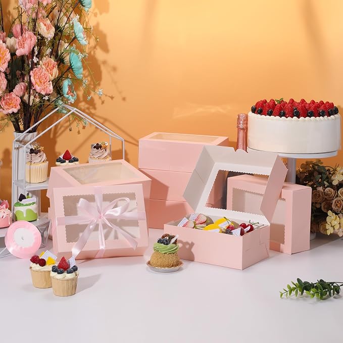 COTOPHER 30Pcs Cookie Boxes with Ribbons, 9x6x3 Inch Bakery Boxes with Window, Pink Treat Containers for Pastries, Chocolate Covered Strawberries, Dessert, Easter Candy, Muffins, Donuts
