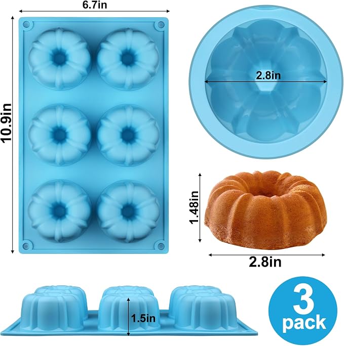 Palksky Mini Fluted Tube Pan Silicone 6-Cavity(3PCS), Multi-Cavity small Cake Baking Pan, mini moldes para chocoflan