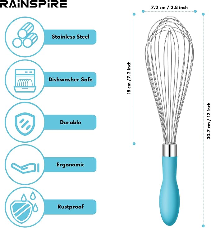 Rainspire 12-Inch Wire Whisk Stainless Steel, Balloon Whisks for Cooking, Wisk Wisking Tool With Soft Silicone Handle, Thick Durable Whisker for Blending, Beating, Whisking, Stirring, Blue