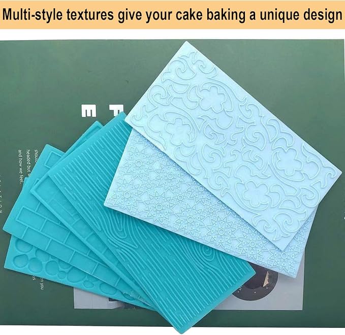 6 Pack Fondant Impression Mat Set Cake Decor Mold Set-Embossed Tree Bark/Flower/Cobblestone Texture Design Sugarcraft Decor Tool for Chocolate Cupcake Topper Wedding Cake