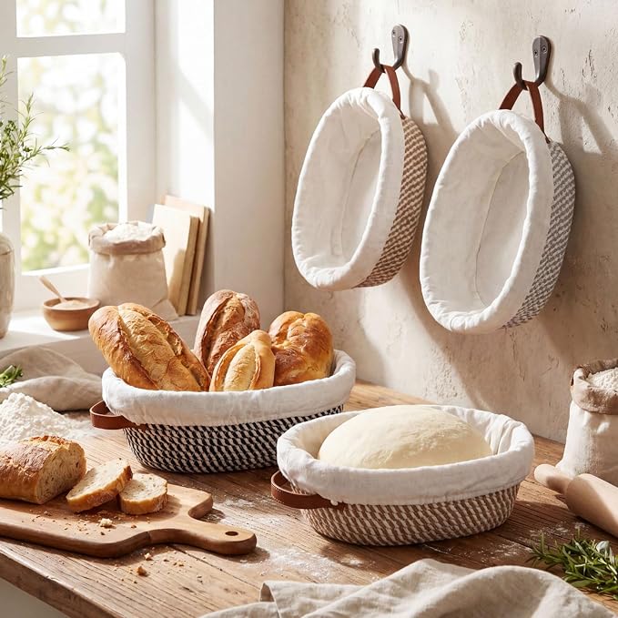 4 Pack Oval Banneton Bread Proofing Basket Set, 10'' Natural Cotton Rope Sourdough Proofing Basket with Liners & Handle Artisan Sourdough Bread Baking Supplies for Home Bakers(Neutral)