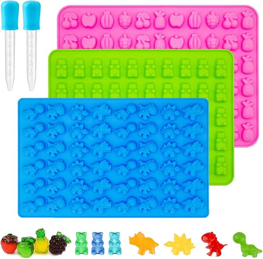 Gummy Candy Molds - Silicone Mini Gummy Bear/Dinosaur/Fruit Snack Molds with 2pcs Dropper,Non-stick and Bpa Free for Candy Chocolate Gummies Baking