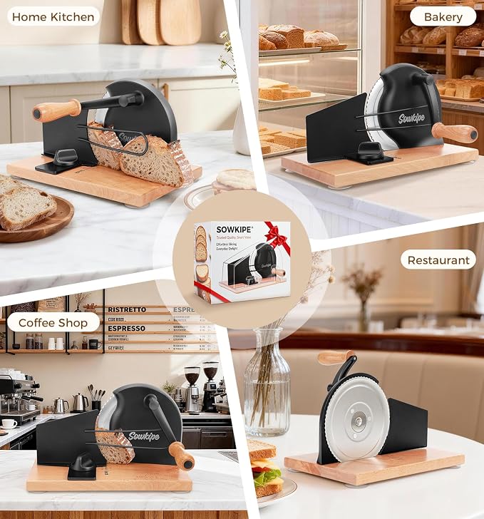SOWKIPE Upgraded Manual Bread Slicer for Homemade Sourdough Bread, Adjustable Thickness Hand Crank Bread Cutter with Metal Guide, Scale Line, Even Slices, Suction Cups, Cover (Black)
