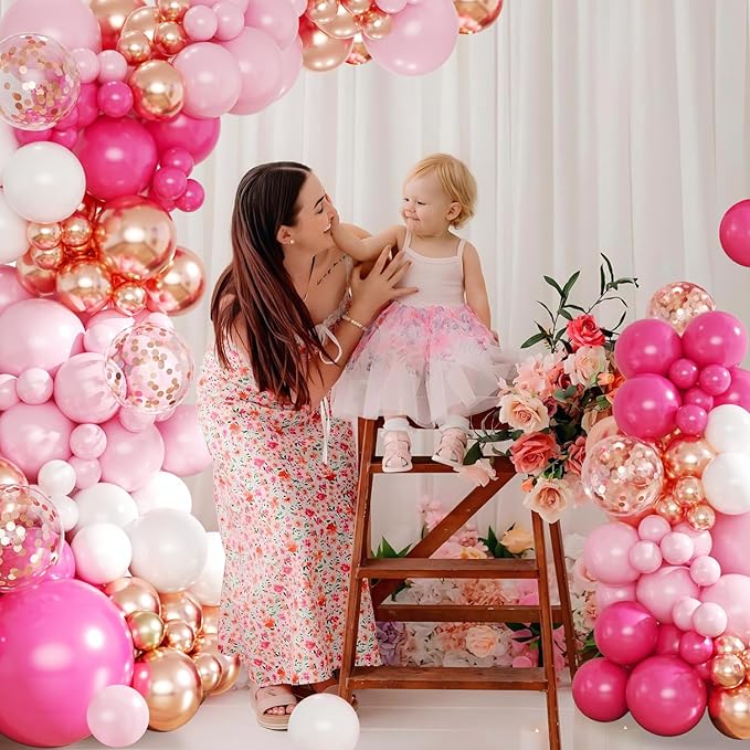 Hot Pink Balloon Arch Kit, 143Pcs Pink Gold Balloons Macaron Pink White Rose Gold Balloon Garland Arch Kit Confetti Balloons for Birthday Wedding Baby Shower Gender Reveal Galentines Day Decorations